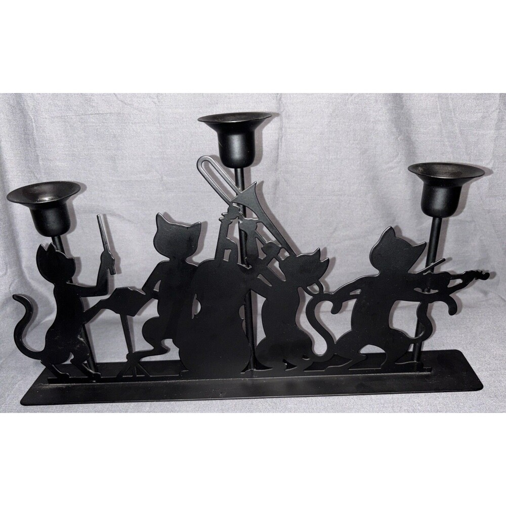 Matte Black Musical Cats Jazz Band Candelabra Metal 14" Candle Holder Vintage